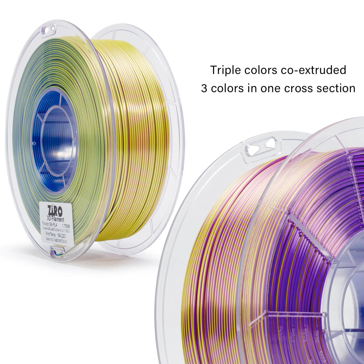 ZIRO Tri-color Silk PLA Filament 1.75mm, Green & Blue & Purple