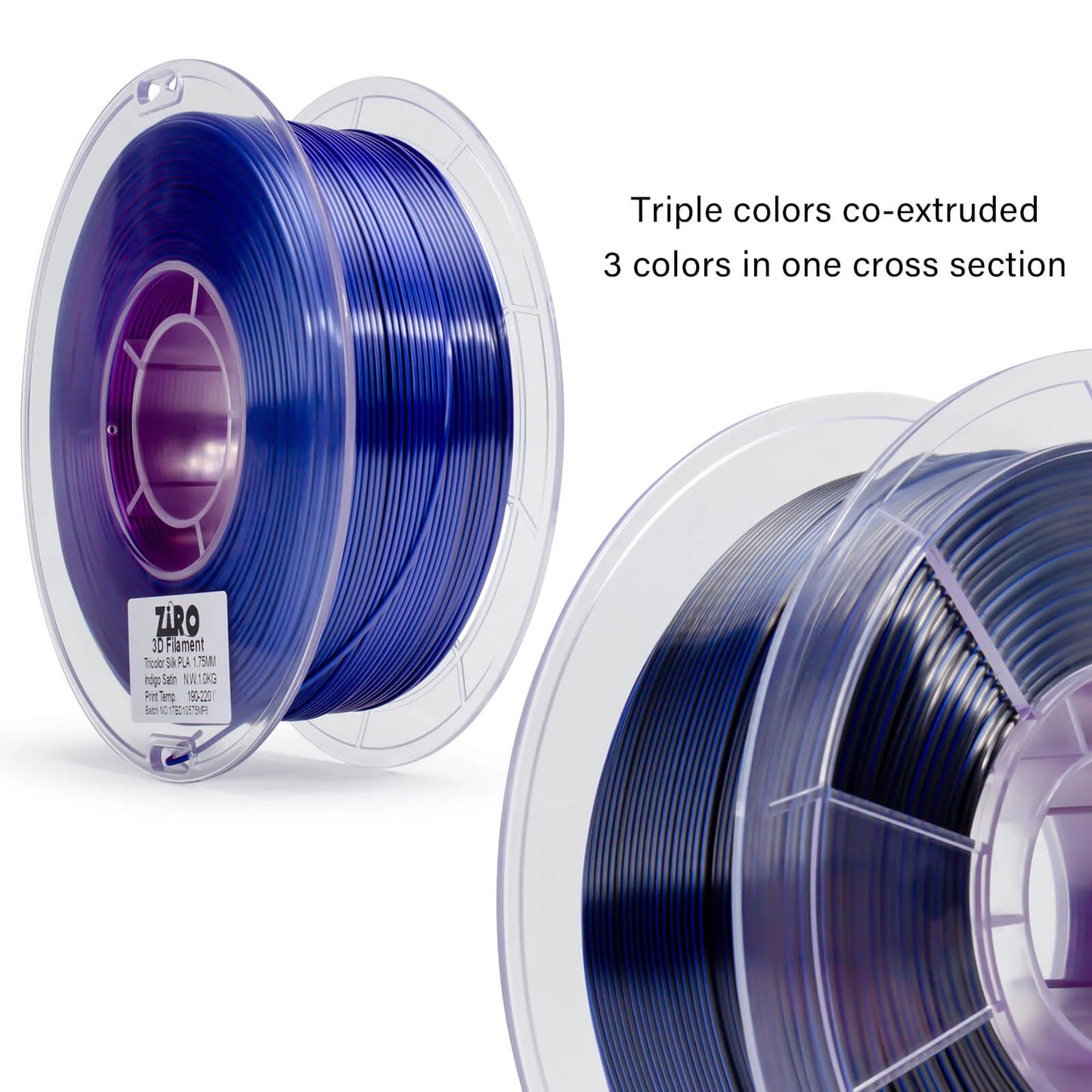 ZIRO Tri-color Silk PLA Filament 1.75mm, Indigo Satin